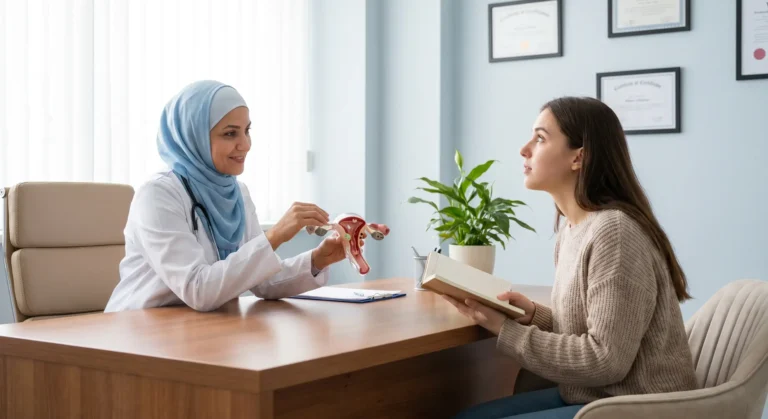 متخصص زنان در حال توضیح پولیپ رحم به بیمار با استفاده از مدل آناتومی رحم