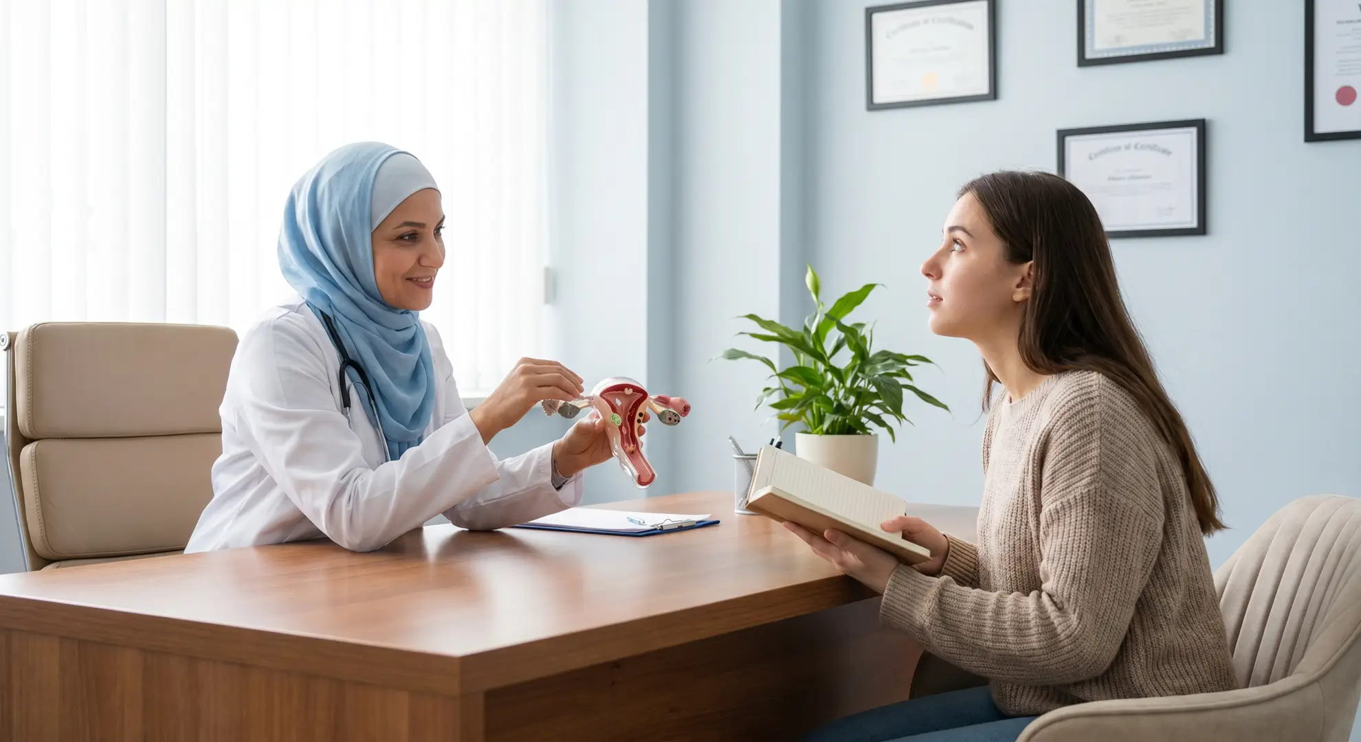 متخصص زنان در حال توضیح پولیپ رحم به بیمار با استفاده از مدل آناتومی رحم