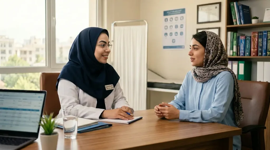 مشاوره با متخصص زنان برای بررسی علت عقب افتادن پریود و نامنظمی قاعدگی