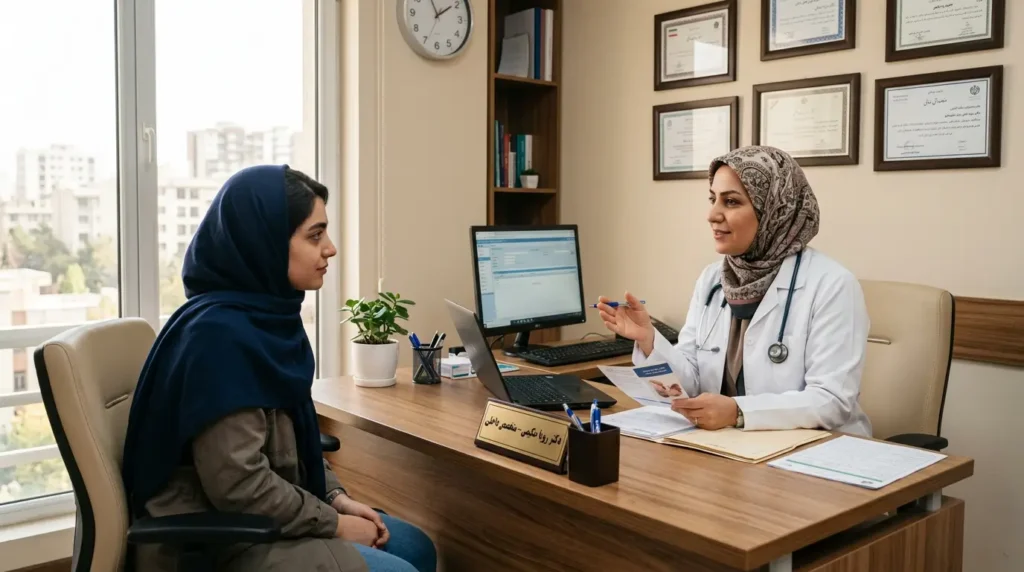 مشاوره پزشک زن با بیمار زن درباره علت درد پهلوی راست در مطب