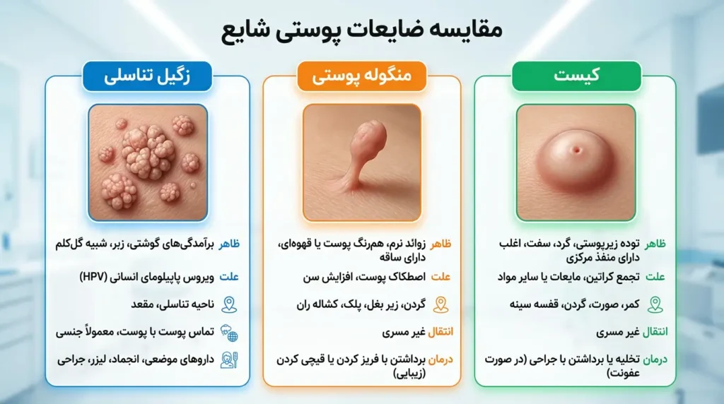 تفاوت ظاهری زگیل تناسلی با تگ پوستی و کیست اینفوگرافیک