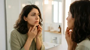 آیا تبخال لب باعث تبخال تناسلی می‌شود - زن جوان ایرانی در حال بررسی تبخال لب در آینه