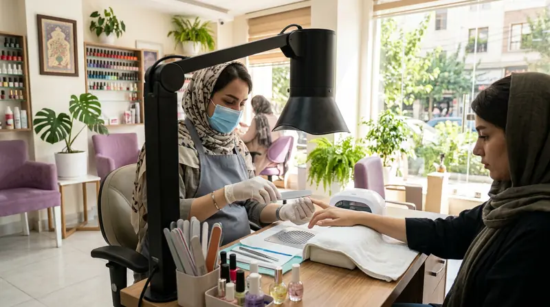 ناخن‌کار باردار با ماسک و دستکش در محیط مجهز به تهویه موضعی